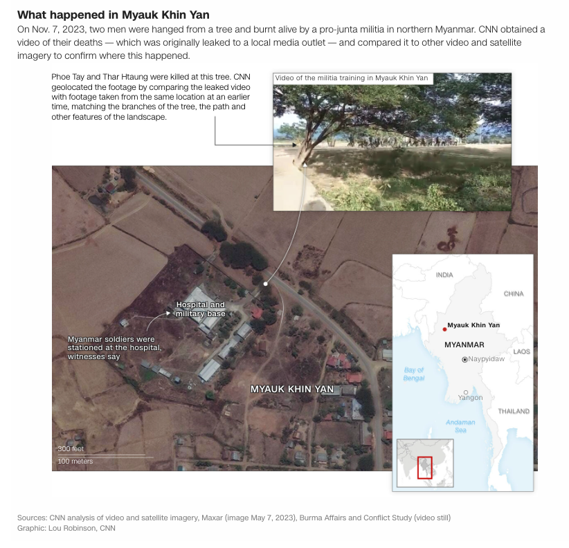 A CNN investigation by @amcoren, @gus_watson, @hcregan, @PallabiMunsi, @smmsuchay + the OSINT team has uncovered evidence suggesting that the Myanmar military is responsible for the burning alive of two rebel soldiers cnn.com/2024/03/27/asi…