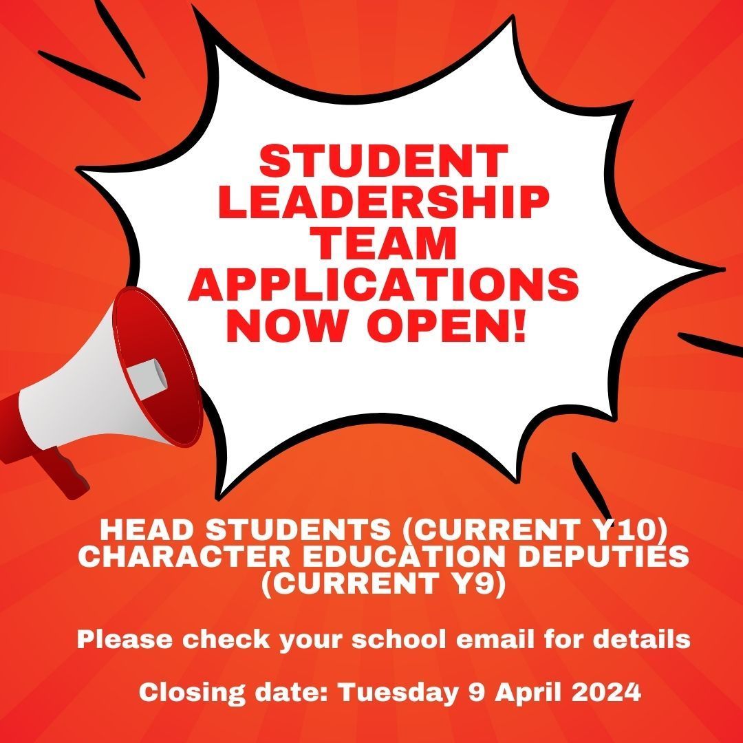 Calling all Year 9 and Year 10 students! The closing date to apply for Head Student (current Y10) and Character Education Deputies (current Y9) is Tuesday 9 April 2024. Full details have been sent to your school email addresses. #BeMoreFive