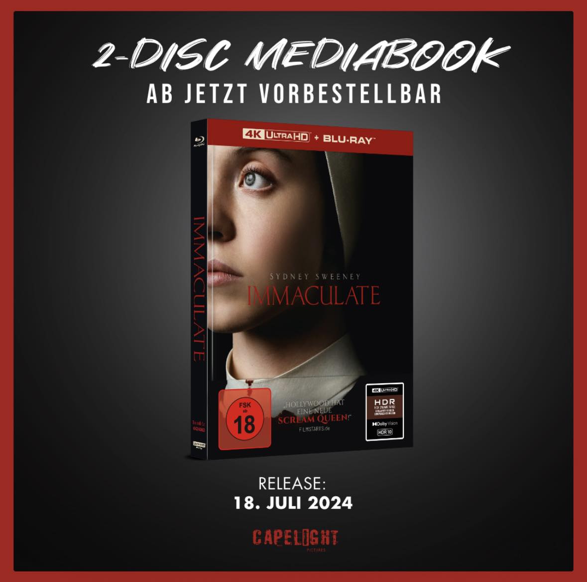 7 Tage, 7 News - Tag 8: Die Zugaben. Immaculate. Im 4K-Mediabook. In Dolby Vision. FSK 18.
18. Juli 2024.
Nur heute ab 13 Uhr im capelight-Shop für 26,95 Euro (versandkostenfrei in Deutschland) statt 29,95 Euro.
In Kürze auch bei allen anderen online Händlern vorbestellbar.