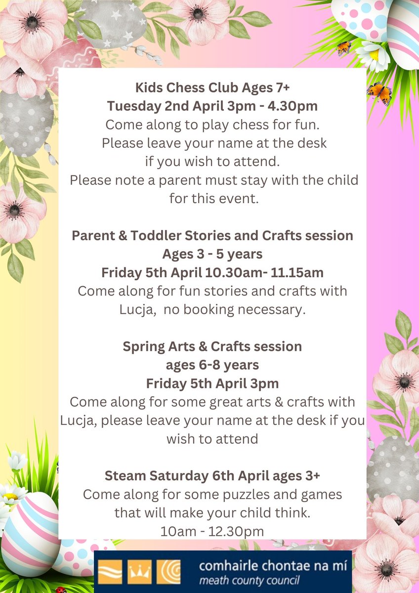 We have loads of events on this Easter at Trim Library. Call us on 046 9436063 for details.