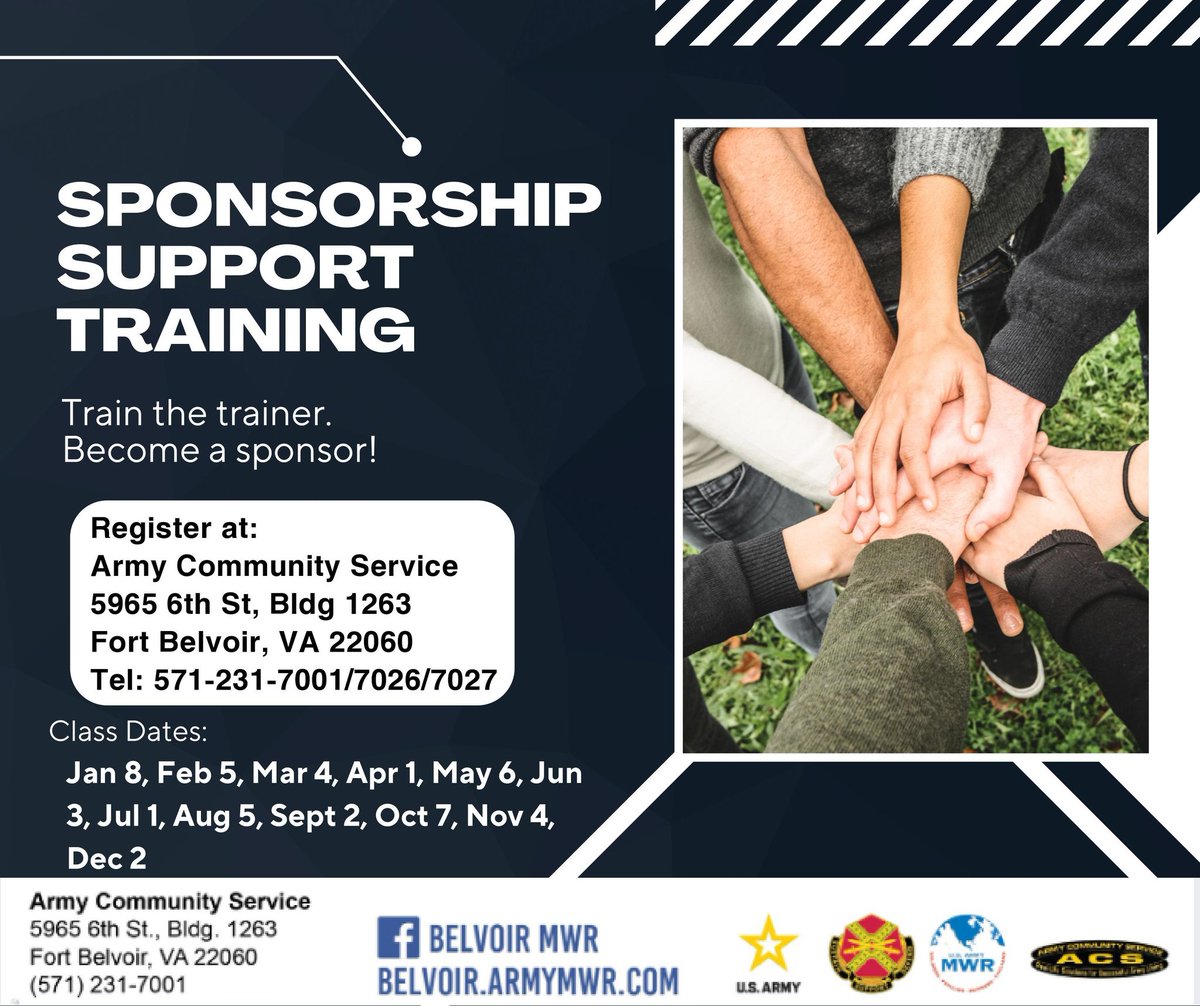 Join the Relocation Assistance Program for Sponsorship Support Training! 📅 Date: April 1, 2024 🕒 Time: 1-2 PM 📍 Location: ACS Building (5965 6th St. Bldg. 1263, Fort Belvoir VA, 22060) To register, call (571) 231-7000/0001.