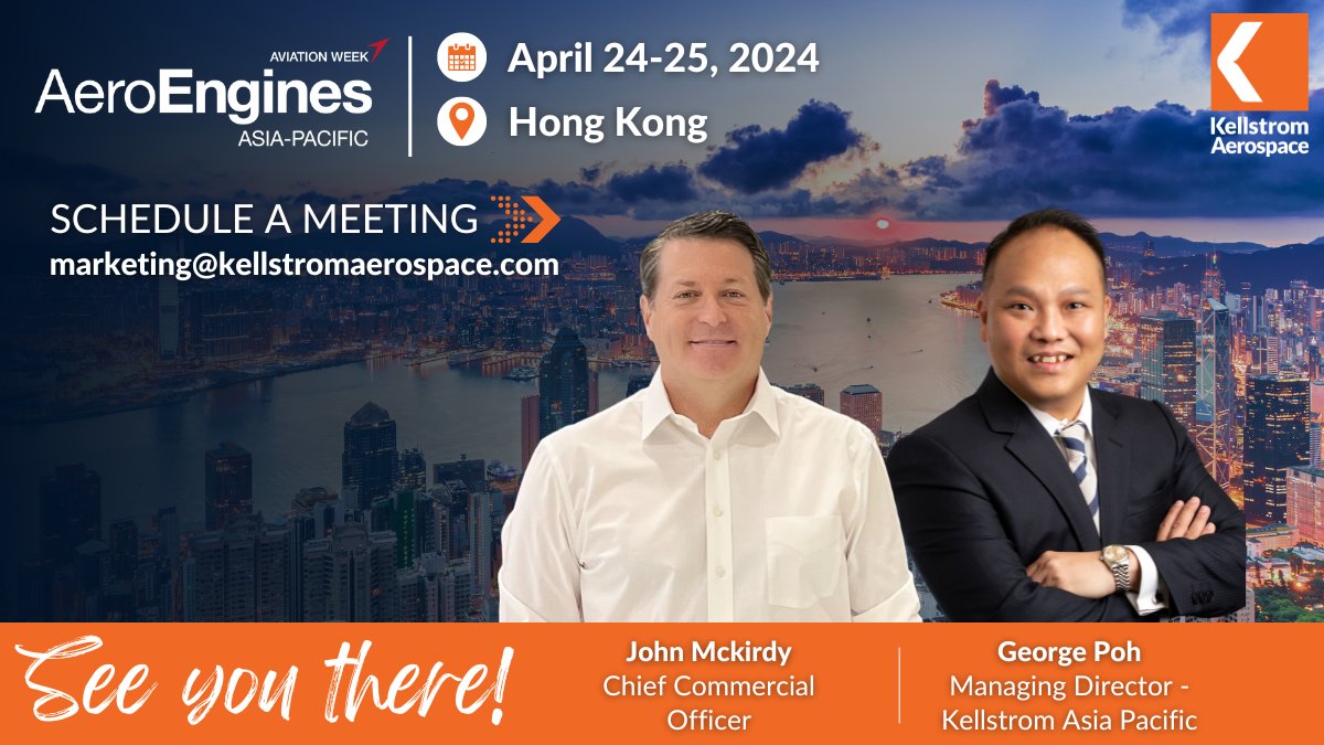 Our CCO John McKirdy, and Managing Director-APAC George Poh, will be in attendance at this year's AeroEngines Asia Pacific in Hong Kong. To secure a meeting in advance, please email marketing@kellstromaerospace.com!

#AEAP #KellstromAerospace #Aviation #AviationNetworking