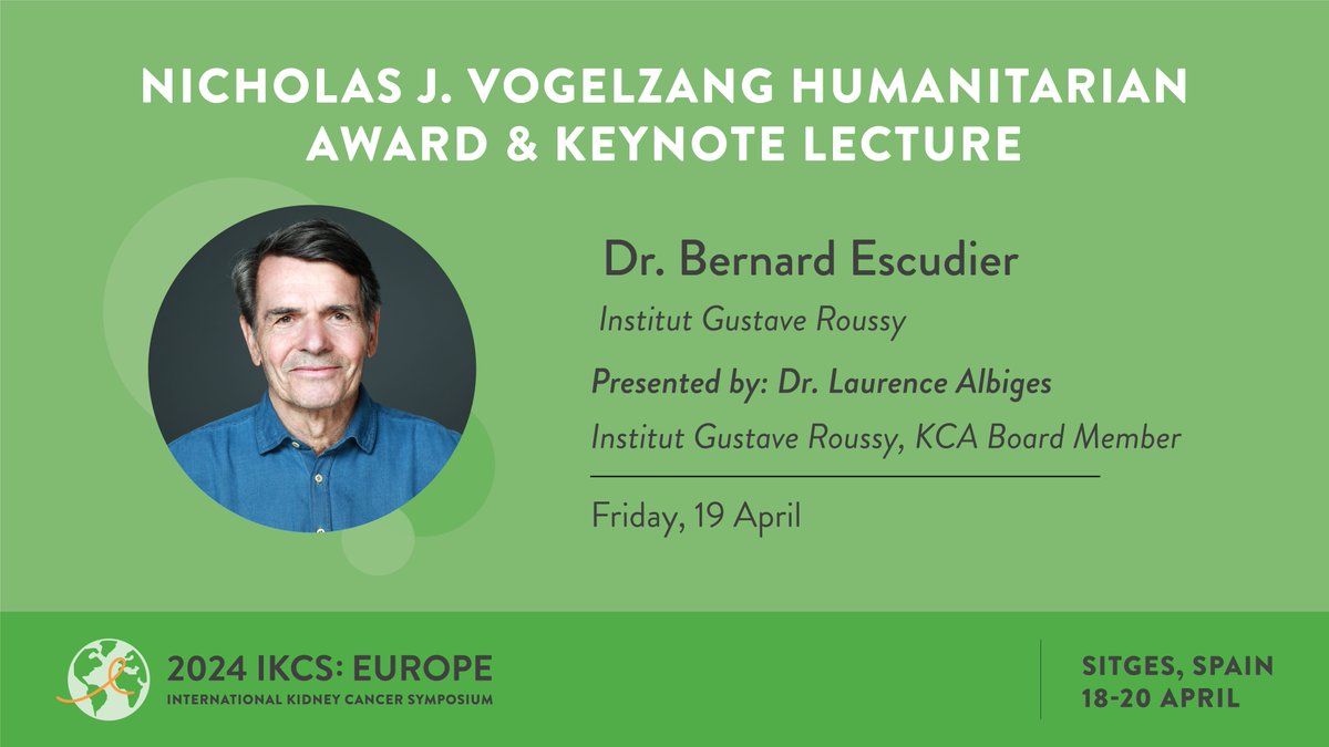 Congratulations Dr. Bernard Escudier @GustaveRoussy, recipient of the #IKCSEU24 Nicholas J Vogelzang Humanitarian Award for service to the #kidneycancer community! Join us for his keynote lecture, when @AlbigesL will present him with this deserved award. bit.ly/3OjTgfB