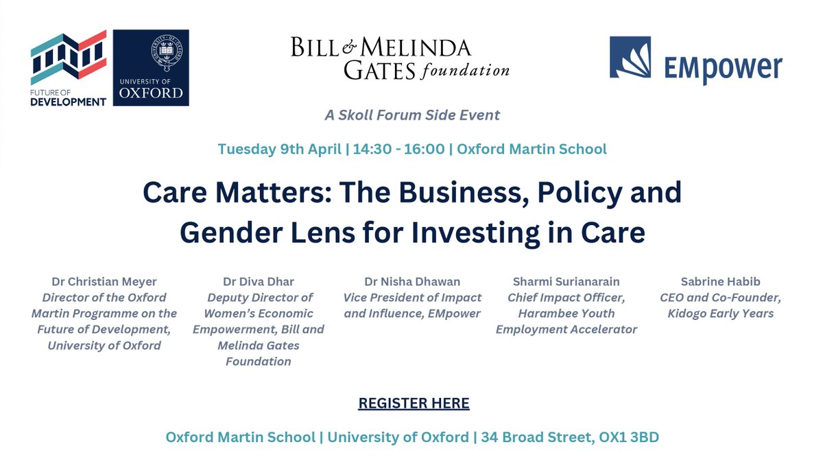 EMpower (@empowerweb) on Twitter photo Join us on April 9th as EMpower, <a href="/gatesfoundation/">Gates Foundation</a>, & <a href="/UniofOxford/">University of Oxford</a> present "Care Matters: The Business, Policy, and Gender Lens for Investing in Care." Joining us will be our very own @dhawannisha.
Register now: eventbrite.com/e/care-matters…
🕝 14:30 - 16:00
📍Oxford Martin School, UK Join us on April 9th as EMpower, <a href="/gatesfoundation/">Gates Foundation</a>, & <a href="/UniofOxford/">University of Oxford</a> present "Care Matters: The Business, Policy, and Gender Lens for Investing in Care." Joining us will be our very own @dhawannisha.
Register now: eventbrite.com/e/care-matters…
🕝 14:30 - 16:00
📍Oxford Martin School, UK