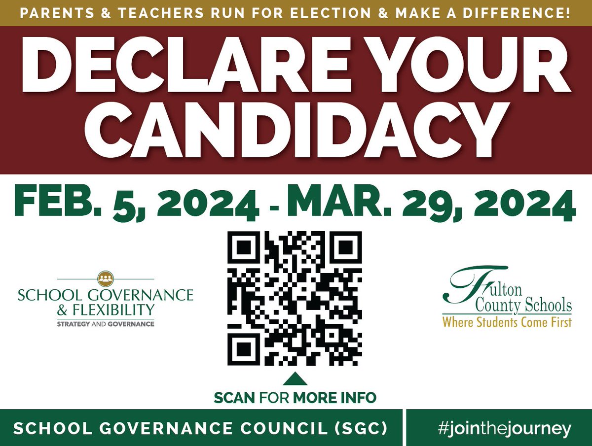 It all starts with elections! Candidate Declaration Window: February 5 - March 29. 2024. To declare or learn more about this process, visit fultonschools.org/Elections