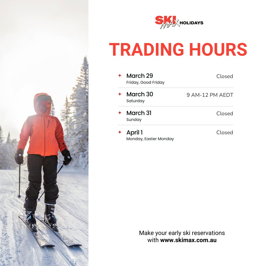 Easter is here! Wishing everyone joyful days ahead. 🐰 See our trading hours for the Easter break. #skimaxholidays #skiholiday #easter