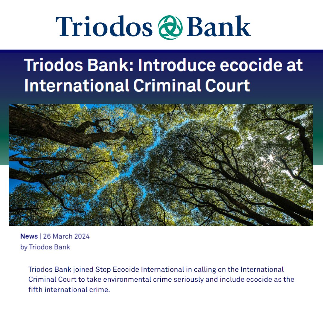 Thought-leading @triodosbank has responded to a public consultation held by the office of the Chief Prosecutor of the @IntlCrimCourt urging the court to introduce a new international crime of #ecocide! Full article: triodos.com/en/articles/20… #StopEcocide
