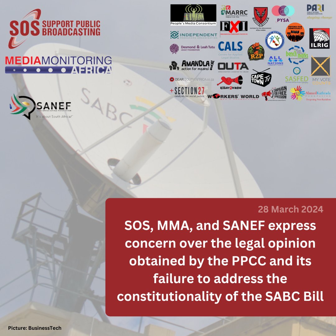 New media statement: SOS, MMA, and SANEF express concern over the legal opinion obtained by the PPCC and its failure to address the constitutionality of the SABC Bill Read more on our website: soscoalition.org.za/sos-mma-and-sa…