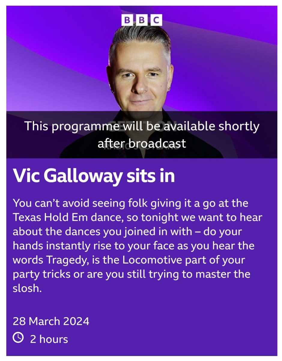Vic Galloway (@vicgalloway) on Twitter photo I'm presenting 'Get It On' again TODAY at 6pm on <a href="/BBCRadioScot/">BBC Radio Scotland</a> & <a href="/BBCSounds/">BBC Sounds</a> YOU CHOOSE THE MUSIC... the theme? Tonight, we want to hear about the dances you joined in with... The Locomotive? The slosh? The mashed potato? The watusi? What song goes with it?
bbc.co.uk/programmes/m00… I'm presenting 'Get It On' again TODAY at 6pm on <a href="/BBCRadioScot/">BBC Radio Scotland</a> & <a href="/BBCSounds/">BBC Sounds</a> YOU CHOOSE THE MUSIC... the theme? Tonight, we want to hear about the dances you joined in with... The Locomotive? The slosh? The mashed potato? The watusi? What song goes with it?
bbc.co.uk/programmes/m00…
