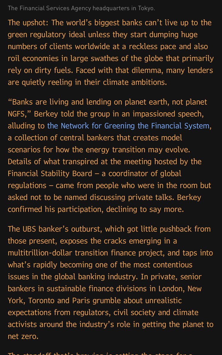 More & more pushback on green regulation, this time from banking, to Fed & ECB: 

“Banks are living and lending on planet earth, not planet NGFS,” Berkey told the group, alluding to the Network for Greening the Financial System.

The world’s biggest banks can’t live up to the