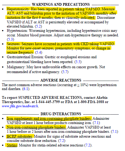 sofie886's tweet photo. $AKBA CEO @ JPM 2024: "Of the 558,000 patients on dialysis very, very, very few are on daprodustat today.  Almost all of them are on an ESA." 

But vadadustat will fare better with add'l hepatotoxicity monitoring requirement, seizures warning and drug-drug interactions 🤠 https://t.co/QSnxKJwi6i