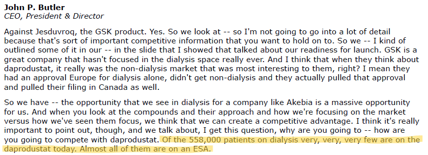 sofie886's tweet photo. $AKBA CEO @ JPM 2024: "Of the 558,000 patients on dialysis very, very, very few are on daprodustat today.  Almost all of them are on an ESA." 

But vadadustat will fare better with add'l hepatotoxicity monitoring requirement, seizures warning and drug-drug interactions 🤠 https://t.co/QSnxKJwi6i