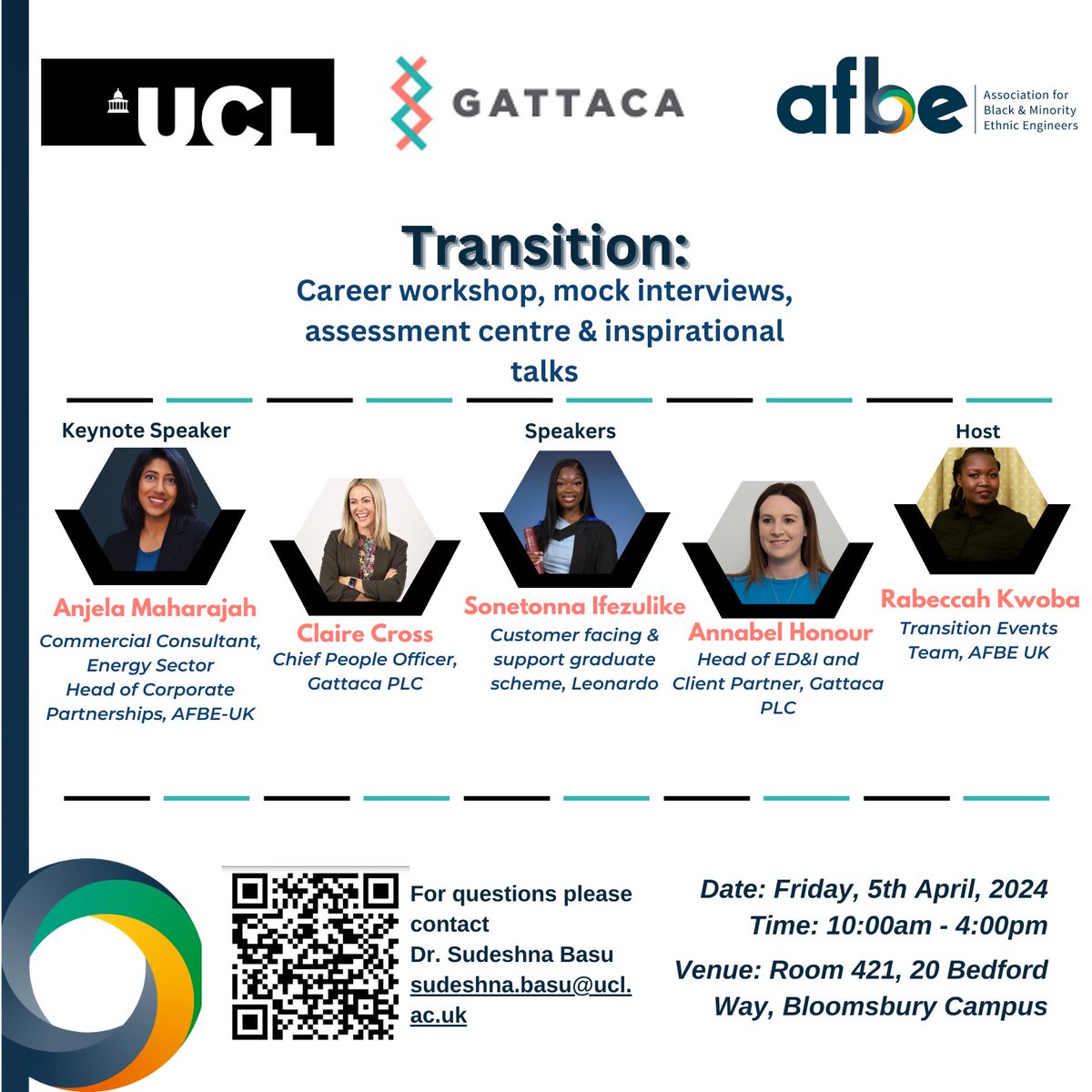 We are proud to announce that we are hosting an AFBE-UK Transition Event, in collaboration with <a href="/GattacaPLC/">Gattaca</a>  and <a href="/ucl/">UCL</a> on April 5. 

This event is exclusively open to the community of UCL students and alumni. To join us, register  here:

Link: lnkd.in/esYNPmCD