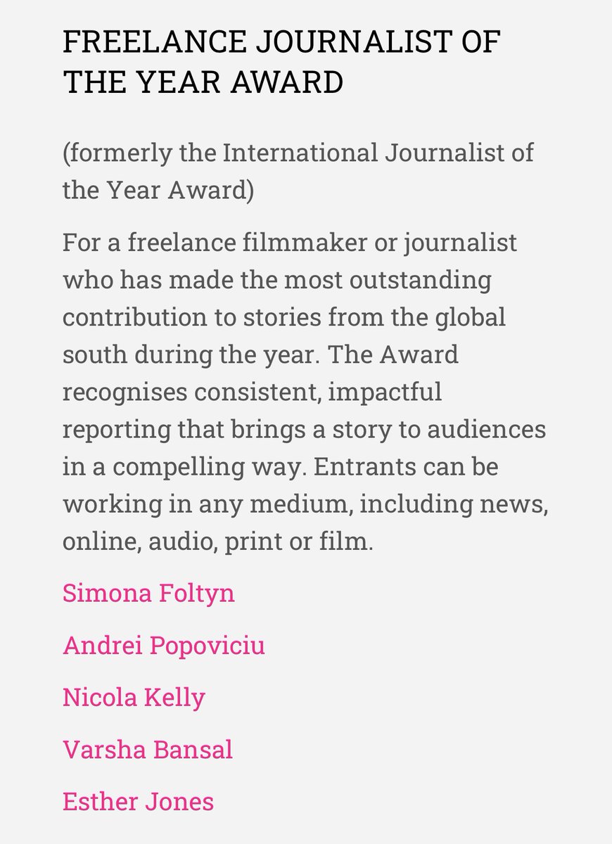 Honoured to be shortlisted for the @onewm freelance journalist of the year award for my reporting in Senegal for @inthesetimesmag (republished in @LeMonde_Afrique), in the Gambia for @newlinesmag and in DR Congo for @ForeignPolicy.