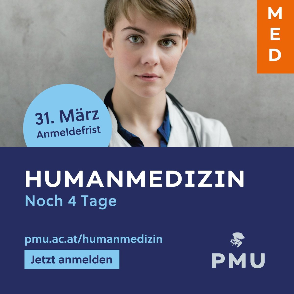 🔹 Anmeldefrist Humanmedizin: Noch 4 Tage 👨‍⚕️ 🚀🔹 Der Countdown läuft! Am Sonntag (31. März) endet die Anmeldefrist für das #Humanmedizin-Studium. 👉👉 pmu.ac.at/humanmedizin. #paracelsusuniversity #medizin #medizinstudium #meduni #anmeldung #anmeldefrist