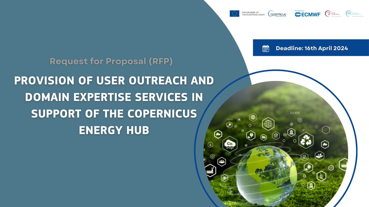 📢Have you already seen this RFP? @ECMWF is looking for proposals for user outreach and domain expertise services in support of the #CopernicusEnergyHub. 🗓️Apply before April 16th: ▶️C3S: climate.copernicus.eu/cjs2161a-provi… ▶️CAMS: atmosphere.copernicus.eu/cjs2161a-provi…