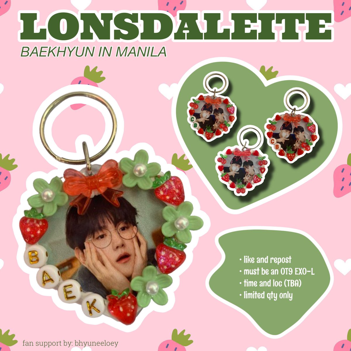 bhyuneeloey's tweet photo. LONSDALEITE in Manila
fan support by bhyuneeloey

#BAEKHYUN keychain
🍓 show any baekhyun merch/pc
🍓 strictly 1:1 (super limited qty)
🍓 no trade

for 🍒🍓 keychain - just show a proof that you are a cbkist

#LONSDALEITE
#LONSDALEITEinMNL
#LONSDALEITEinMANILA https://t.co/n5DZsO0WTg
