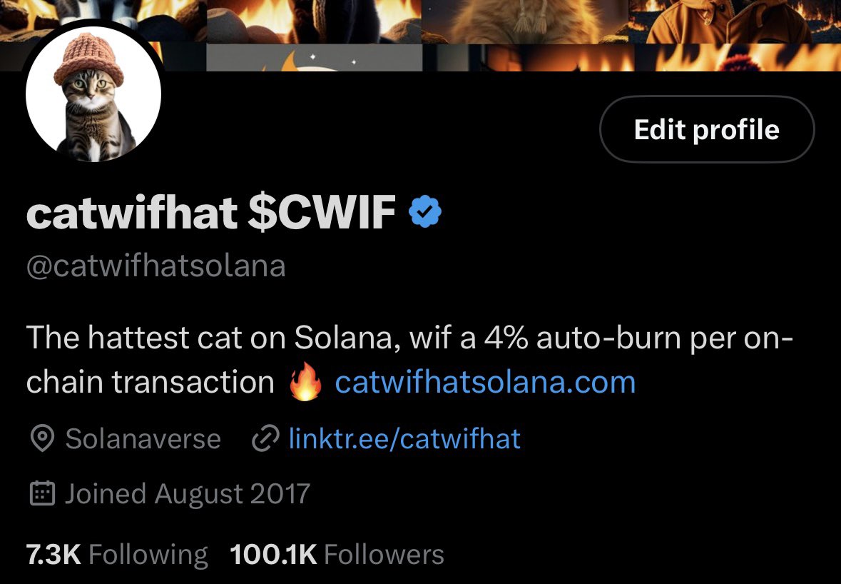Cat wif 1️⃣0️⃣0️⃣K followers 🎉. Thanks for an incredible $CWIF community!

Like + RT and drop your $SOL address below (must follow <a href="/catwifhatsolana/">Catwifhat $CWIF</a>). 5 entries will receive 50m $CWIF each in 24 hours 😸🥳