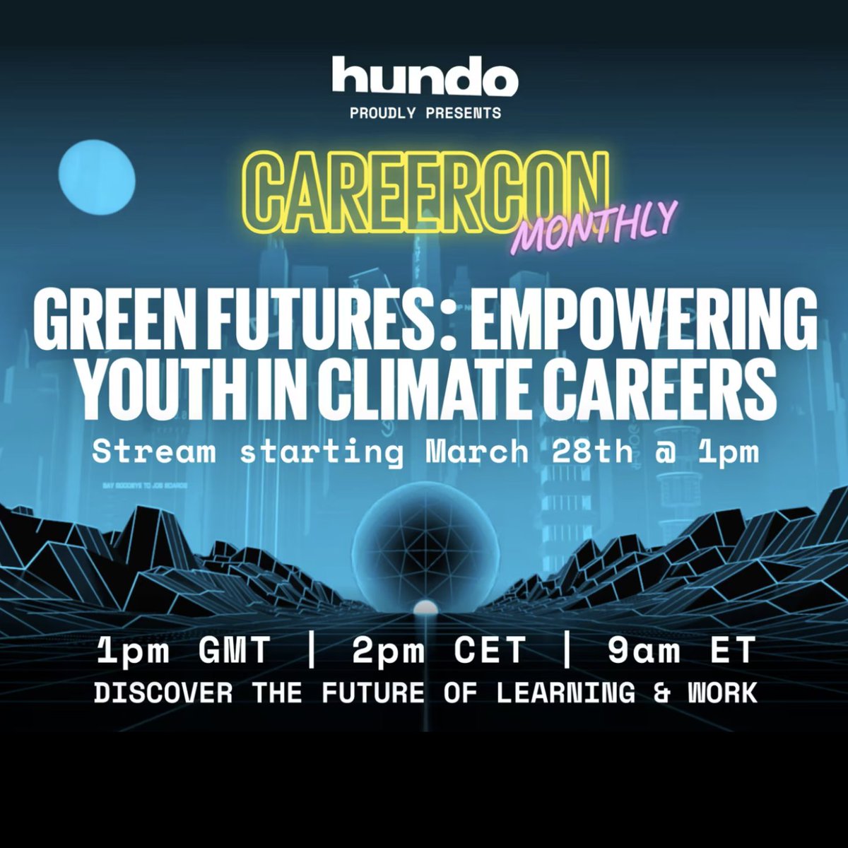 Stream LIVE - Green Futures: Empowering Youth in Climate Careers. Today from 13.00 GMT. Discover skills, knowledge, and behaviours needed for the climate industry and future of work. hundo.xyz/live #climatechange #climatetech #futureofwork #netzero #innovation