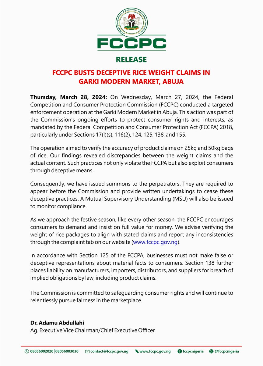 Release: FCCPC Busts Deceptive Rice Weight Claims in Garki Modern Market, Abuja On Wednesday, March 27, 2024, the Federal Competition and Consumer Protection Commission (FCCPC) conducted a targeted enforcement operation at the Garki Modern Market in Abuja. This action was part