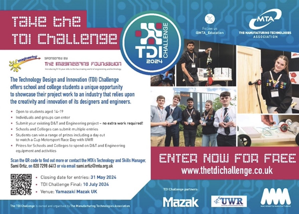 Innovation is helping to shape our world like never before. Our TDI challenge is open to students aged 14–19-year-olds ready to demonstrate a new innovative design. This can be an independent project/design you have been working on at school! Sign up: ow.ly/zHpW50QVqWP