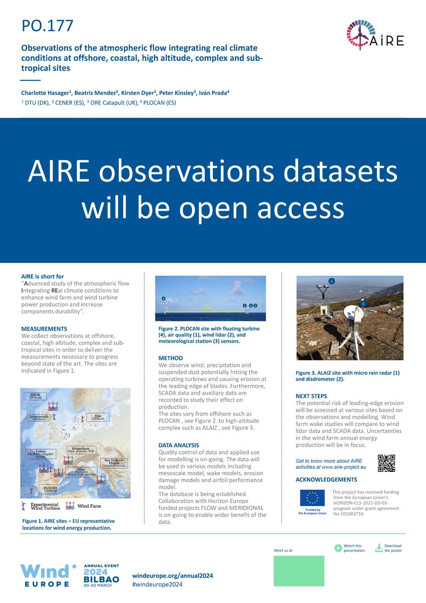 🌍At WindEurope 2024 in Bilbao, Prof. Charlotte Bay Hasager from @DtuWind presented a poster focusing on AIRE project’s exploration into atmospheric conditions affecting wind farms. Discover more about it here: Posters - WindEurope Annual Event 2024
windeurope.org/annual2024/con…