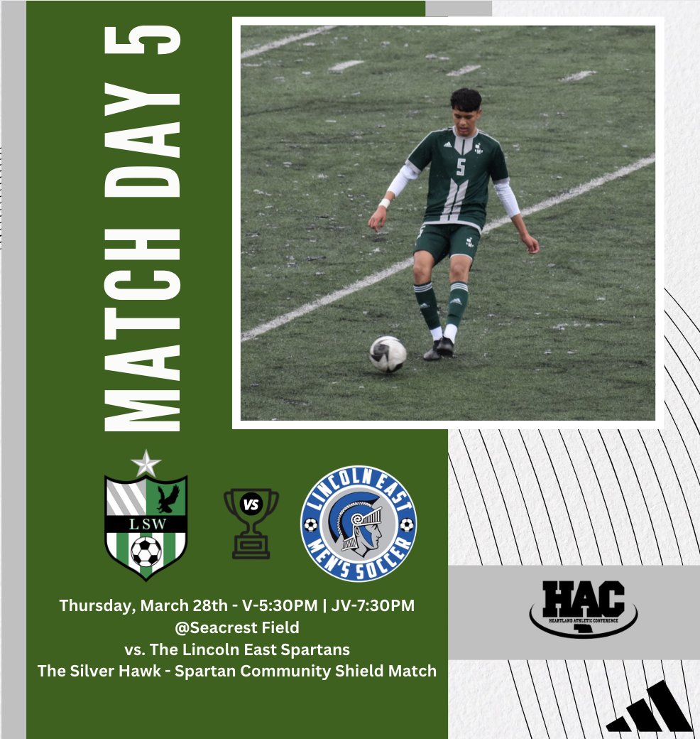 LSWFC_Official's tweet photo. MATCH DAY 5:
🆚 @EastSoccerlnk 
📅 Thursday, March 28th
⌚️ JV-3:30PM | V-5:30PM 
🏟️ Seacrest Field
📺 https://t.co/bBrxewl0gJ
Silver Hawk-Spartan Community Shield Match🛡️

Silverware up for grabs as we take on Lincoln East! Winner gets the Shield for a year! Up the Hawks! ⚽️🟢👊 https://t.co/KI2r8YFL6E