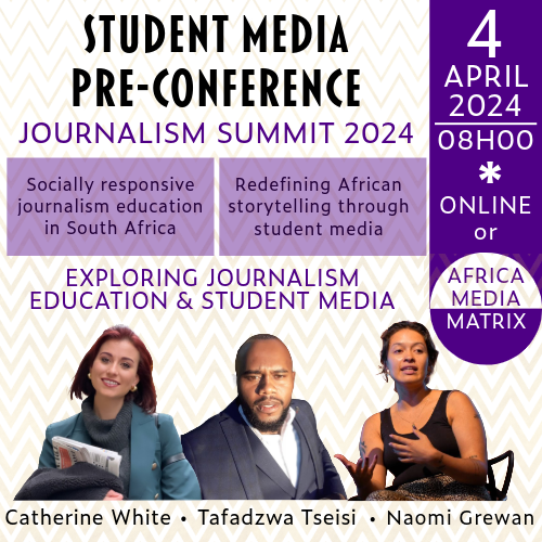 Join us for the Student Media Pre-Conference. It is free and can be attended online or in person at the Africa Media Matrix. 
Click on the link below to register!
jmssummit.co.za
#ru120 #journalism #journsummit #studentmedia #activatemedia