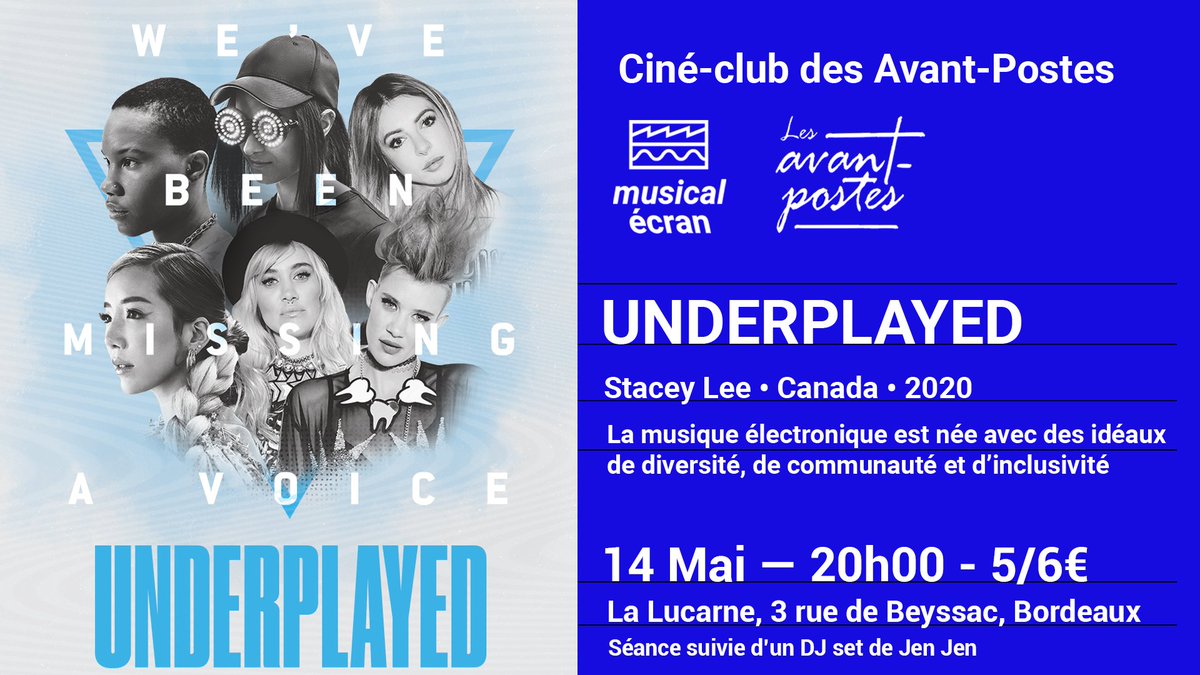 📽️#Projection Underplayed - 14.05.24 

Event : facebook.com/events/9429414…
🎟️ bit.ly/SeanceUnderpla…
🚪 Ouverture des portes à 19h
📽️ Séance à 20h
🎵 DJ set de Jen Jen après la séance
🍻 Bar sur place

Une Co-production #MusicalEcran et les Avant-Postes