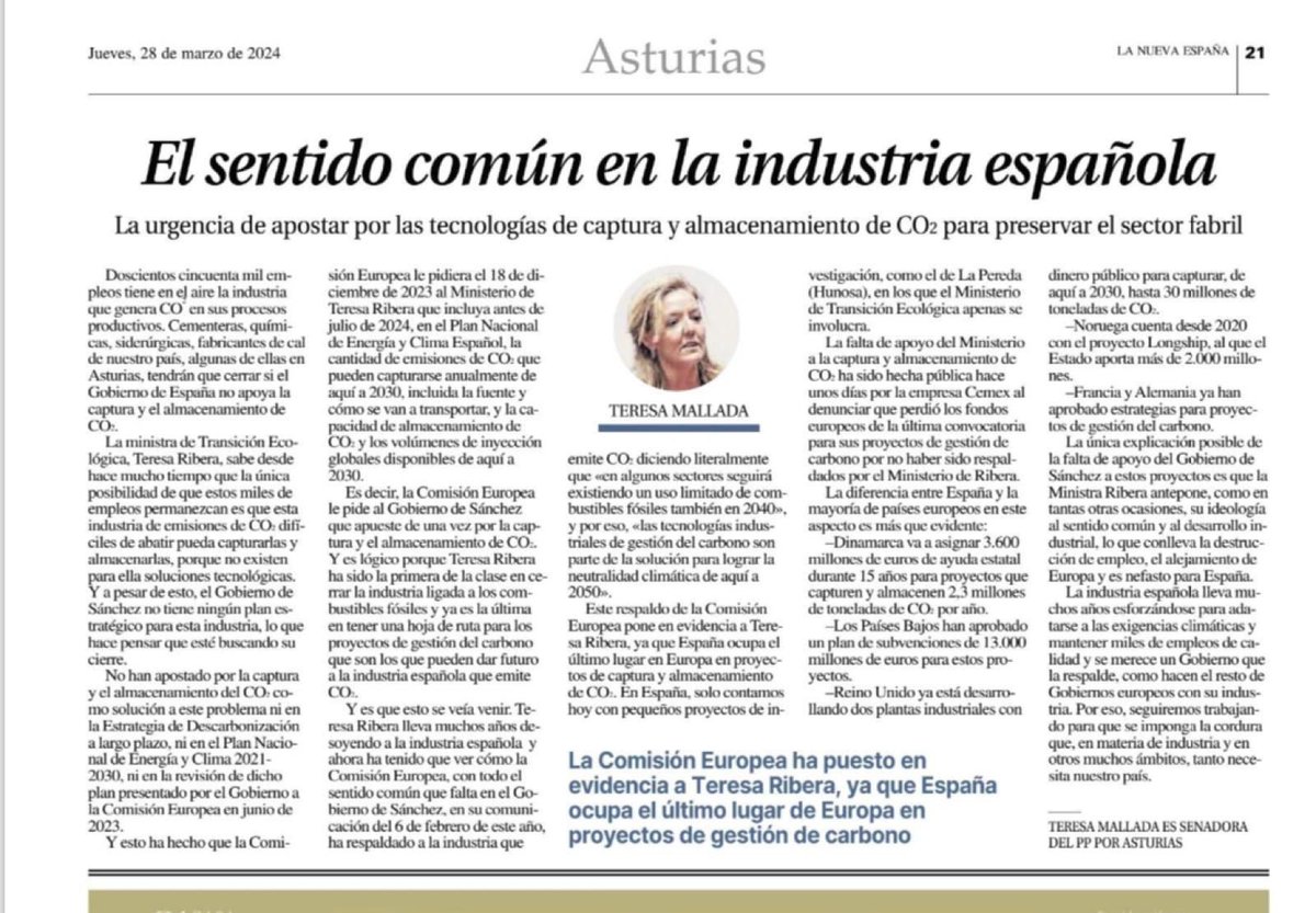 España no puede estar a la cola de Europa en proyectos de gestión del carbono por un Gobierno que antepone su ideología radical al desarrollo industrial 👇
