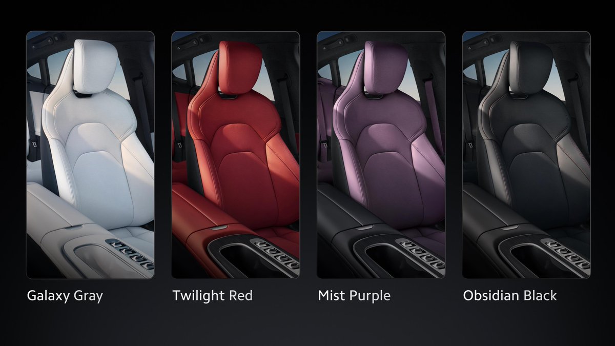 Xiaomi's tweet image. #XiaomiSU7 comes with four new interior colors to match the outside. Choosing the right color sets the mood for every journey – what vibe are you going for?

#XiaomiEVLaunch #DrivingForward