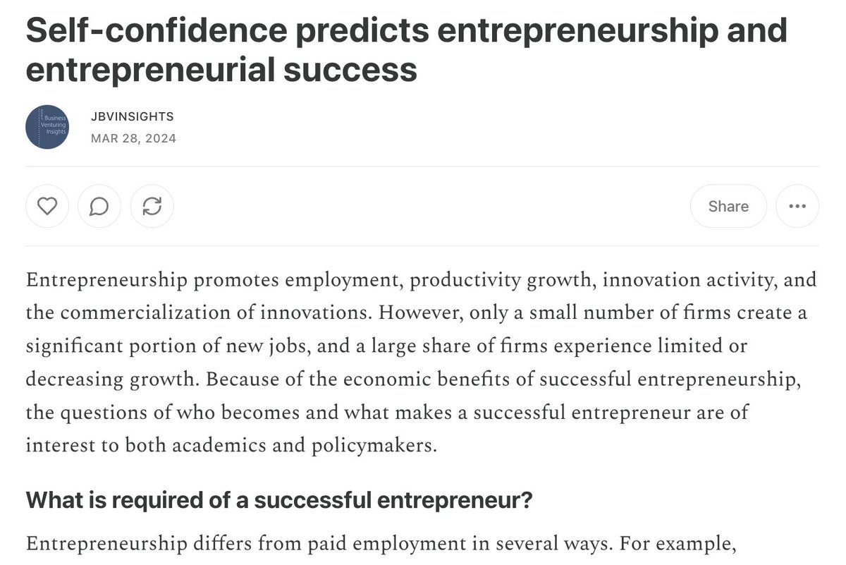 💡Latest on JBVI's Substack In this primer for practitioner, authors @maczulskij (@EtlaNews; @iza_bonn) & @JuttaViinikain1 (@uniofjyvaskyla) discuss the link between #selfconfidence and the propensity to become and succeed as #entrepreneurs. 🔗: jbvinsights.substack.com/p/self-confide…