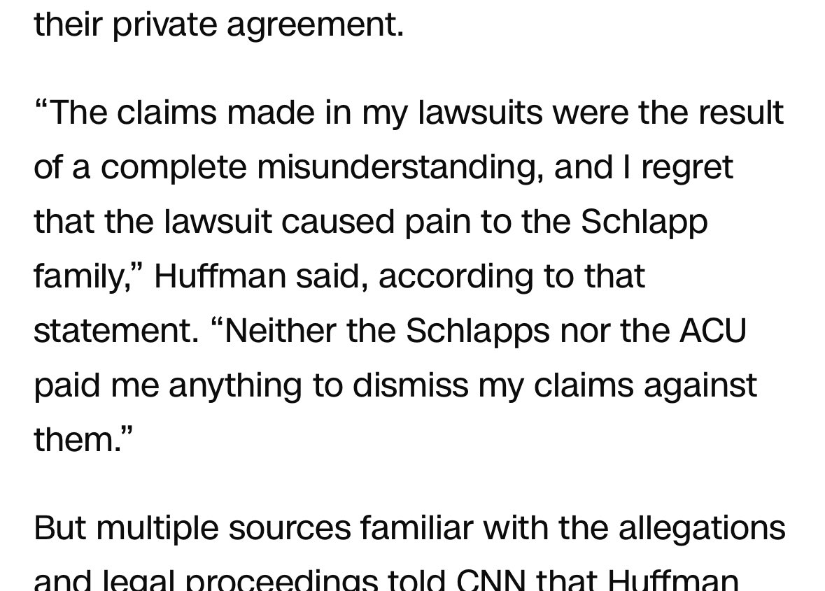 The guy who accused Matt Schlapp of groping him got a $480k settlement to issue this statement and drop his case. Apparently the fact that the money came from ACU’s insurance company is the technicality they’re using to deny a payout. cnn.com/2024/03/27/pol…