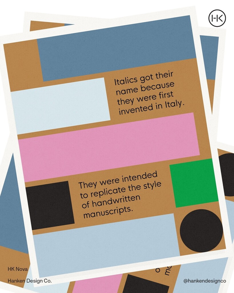 Hanken Design Co. (@hankendesign) on Twitter photo Explore the origins of italic font in our latest blog post! Learn about Aldus Manutius and his pioneering use of italics in small, portable books in 1500 Venice. Artwork by <a href="/inabattung/">Ina Battung</a>. Check out HK Nova on MyFonts. Link: instagr.am/p/C5DjhLTsln0/ — instagr.am/p/C5DjhLTsln0/ Explore the origins of italic font in our latest blog post! Learn about Aldus Manutius and his pioneering use of italics in small, portable books in 1500 Venice. Artwork by <a href="/inabattung/">Ina Battung</a>. Check out HK Nova on MyFonts. Link: instagr.am/p/C5DjhLTsln0/ — instagr.am/p/C5DjhLTsln0/