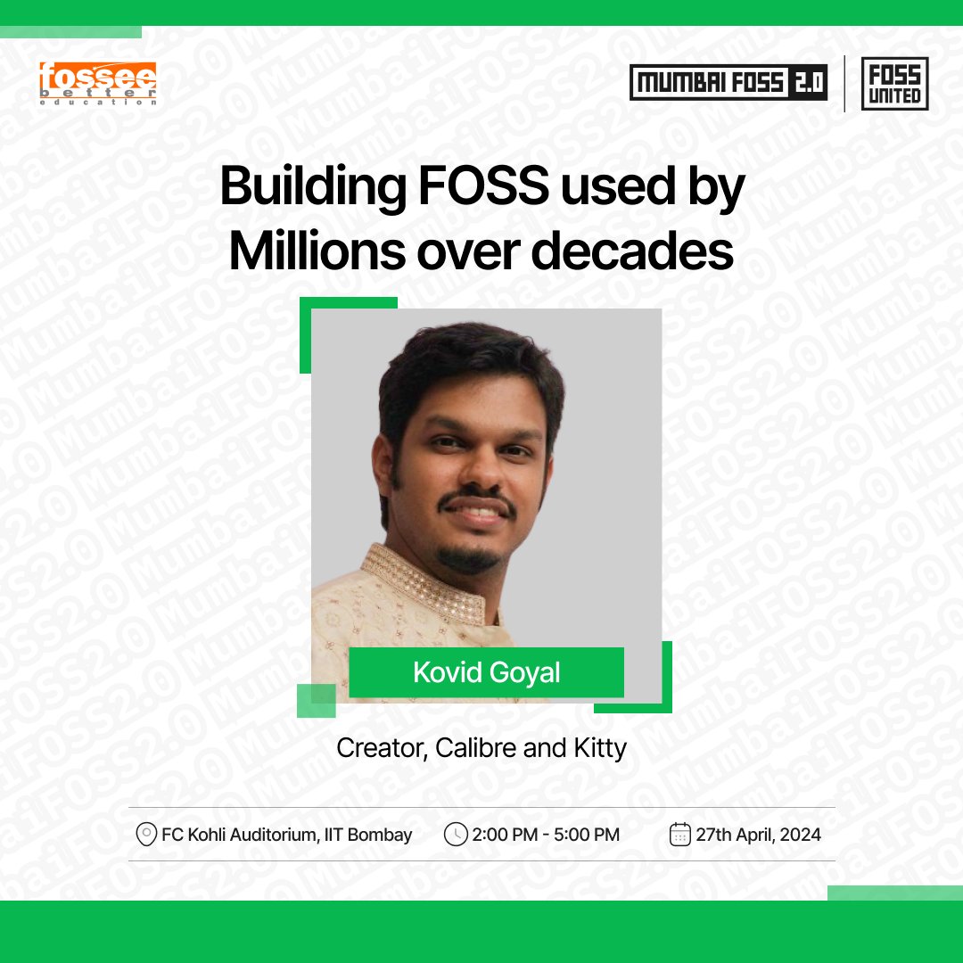 Excited to announce our first speaker! Join Kovid Goyal as he share his journey of building successful open-source projects like calibre and kitty. Don't miss out!

🔗katb.in/mumbaifoss2-cfp
🎟️katb.in/mumbaifoss2-ti…

#FOSSMumbai #SpeakerSeries #MumbaiFOSS2024 #UnitedbyFOSS