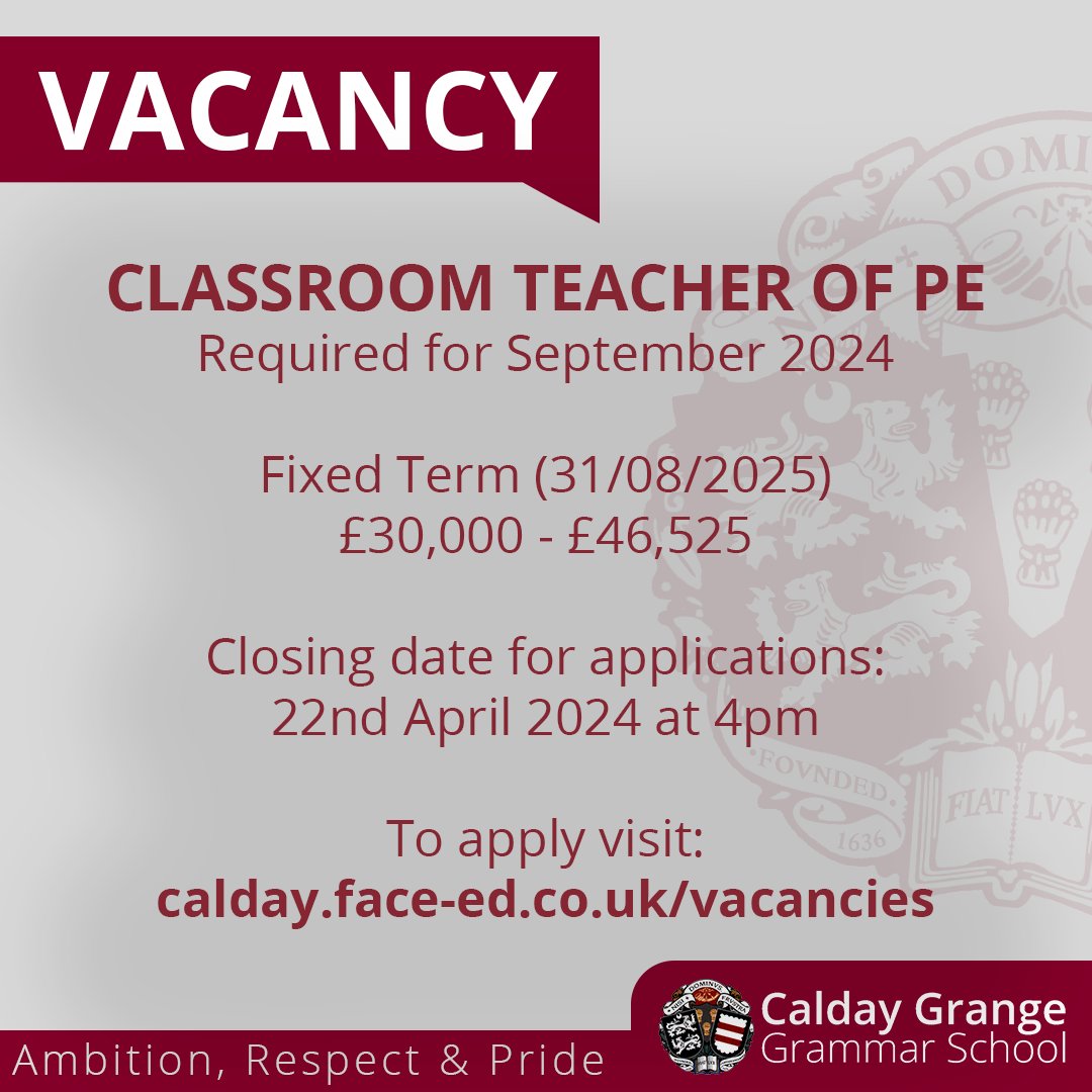 📣 VACANCIES Teacher of Art & Teacher of PE For more information and to apply please visit - calday.face-ed.co.uk/vacancies