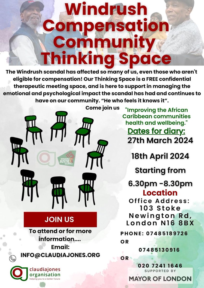 Starting TONIGHT!!!!!  Wednesday 27th of March the @ClaudiaJonesOrg launches its #Windrush Thinking space from 6.30pm @ 103 Stoke Newington Rd, London N16 8BX.

020 7241 1646
claudiajones.org