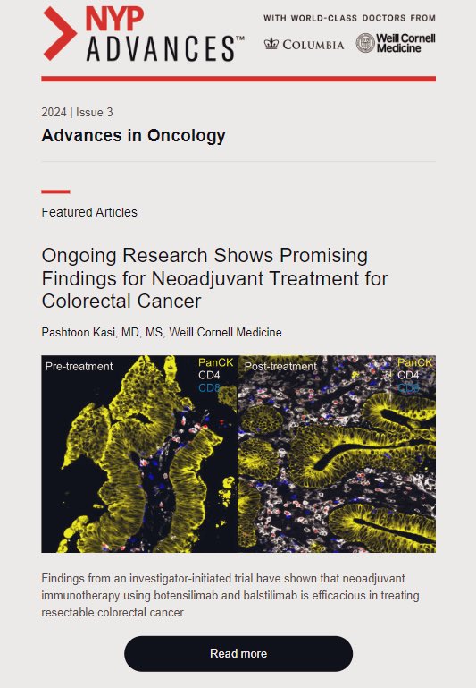 🗞️On the cover this month🙌🏾 @nyphospital 💡✔️The biggest tangible advance from us for our patients with colorectal cancer. Within 2 weeks of opening #NEST2🪺, we treated 7+with BOT/BAL. #CRCSM March is #ColorectalCancerAwarenessMonth @OncoAlert nyp.org/advances/artic…