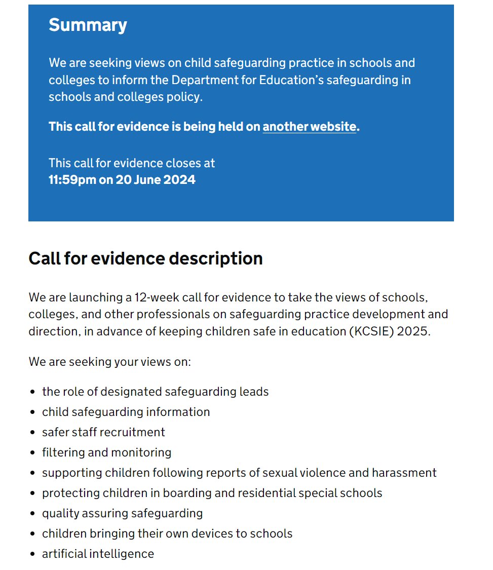 📢ANNOUNCED TODAY: Call for evidence from @educationgovuk about 'Safeguarding Children in Schools and Colleges' See the areas below ⬇️⬇️ 🔗consult.education.gov.uk/safeguarding-s… #safeguarding #OnlineSafety @LGfL @LGfLIncludED