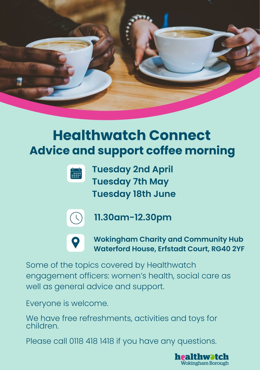 Our next #HealthwatchConnect coffee morning is taking place on Tuesday 2nd April. Come and meet the team and locals to discuss topics such as #SocialCare #WomensHealth #PharmacyFirstService and more. Share your views and get information and advice. Hope to see you next Tuesday👇