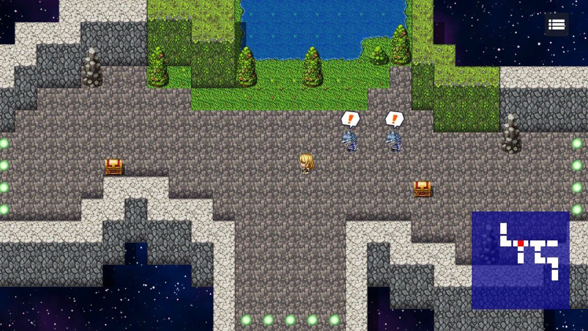 サンプルゲームのランダムダンジョンは
画面にミニマップを表示するなど、色んなシステムを入れてみました。

長年ツクールでゲームを制作してきましたが、
まともにシナリオやダンジョン、装備スキルなどの要素を考えて
完結した一本のRPGを完成させたのは今回が初めてですね……（エターナラー）