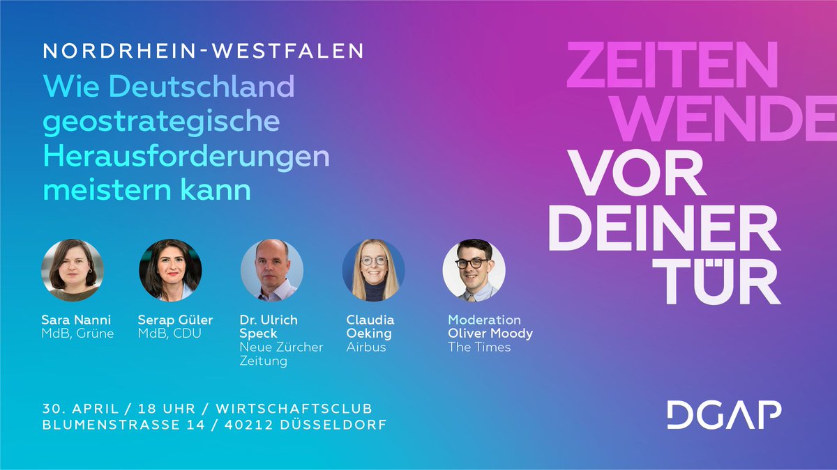 <a href="/bctallis/">Benjamin Tallis 🇺🇦</a> <a href="/ToniHofreiter/">Toni Hofreiter</a> <a href="/EFDavies/">Franziska Davies (ACCOUNT INACTIVE)</a> <a href="/MicrosoftDE/">Microsoft Germany</a> @rainerrudolph <a href="/amerikahaus/">amerikahaus</a> <a href="/MarcusFaber/">Marcus Faber</a> <a href="/KoerberIP/">Körber-Stiftung IP</a> <a href="/M_Terhalle/">Maximilian Terhalle</a> <a href="/JulianStoeckle/">Julian Stöckle</a> <a href="/AylinMatle/">Aylin Matlé</a> <a href="/BMVg_Bundeswehr/">Verteidigungsministerium</a> <a href="/spdbt/">SPD-Fraktion im Bundestag</a> Zu guter Letzt geht es Ende des Monats am 30. April in die nordrhein-westfälische Landeshauptstadt Düsseldorf. Im Wirtschaftsclub moderiert <a href="/olivernmoody/">Oliver Moody</a> unser Panel mit <a href="/SaraNanni/">Sara Nanni</a>, <a href="/SerapGueler/">Serap Güler</a>, <a href="/ulrichspeck/">Ulrich Speck</a> &amp; <a href="/ClaudiaOeking/">Claudia Oeking</a>. 

Zur Anmeldung:
on.dgap.org/49gizXe