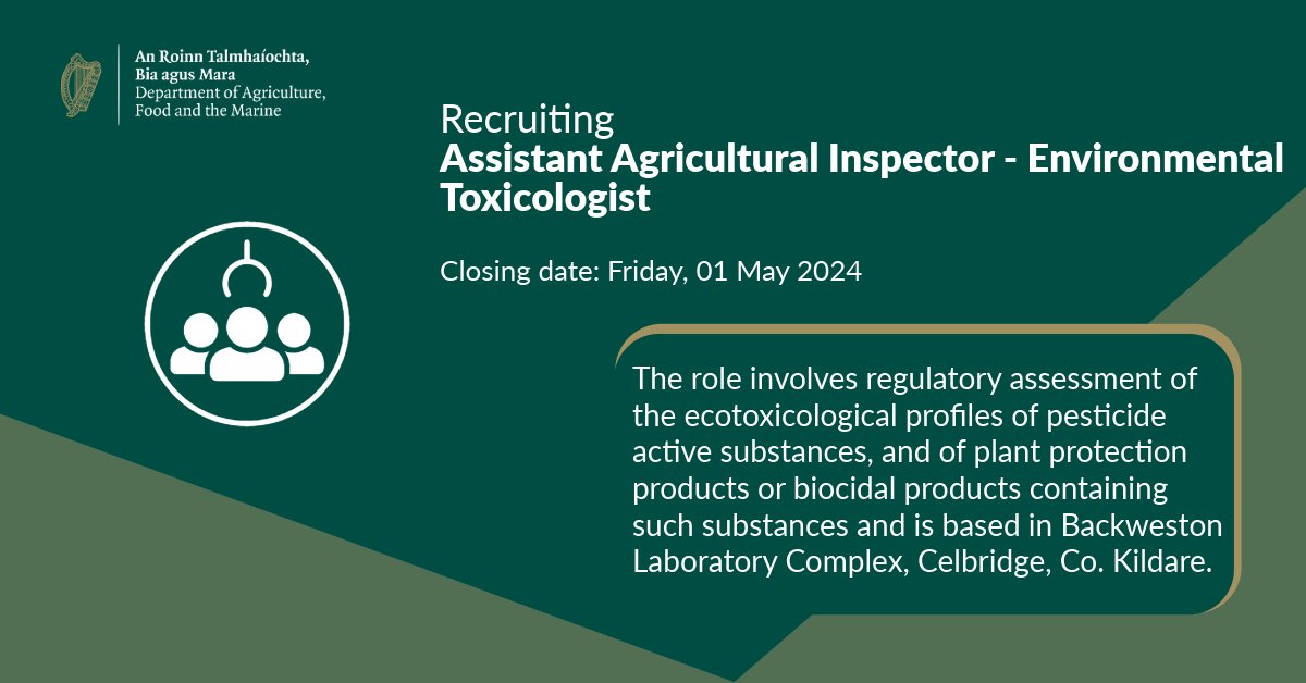 We are recruiting for the role of Assistant Agricultural Inspector - Environmental Toxicologist. The role involves regulatory assessment of the ecotoxicological profiles of pesticide-active substances and plant protection products. 👉gov.ie/dafmopencompet…