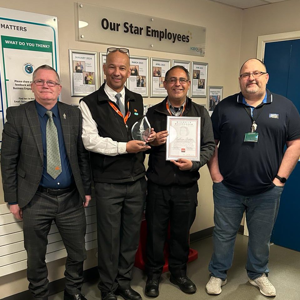 GMB members at Nottingham Trams - back in the workplace and displaying their Michelle McCrossen Equality award with pride.