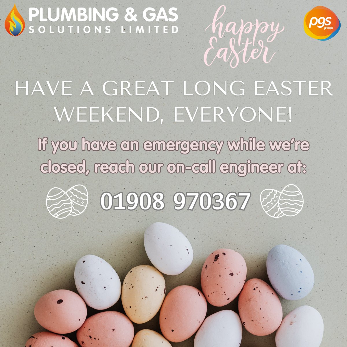 Have a great Easter, everyone! 🐣🍫 Our office is closed for the long weekend. Don't worry, though. If you have an emergency, we still have an on-call engineer available to deal with urgent issues. For any plumbing or gas-related emergencies, call PGS. 01908 970367 📞
