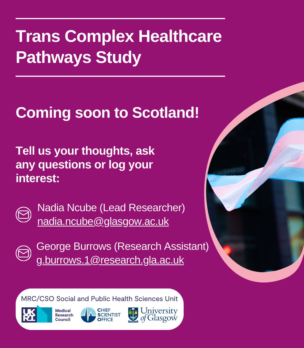 If you're at <a href="/TransPrideScot/">Trans Pride Scotland</a> today, look out for Nadia and George of <a href="/SPHSU_SocRels/">SPHSU SocRels</a> at the market stalls! Pick up a flyer and ask about the trans complex healthcare pathways study, coming soon to Scotland.