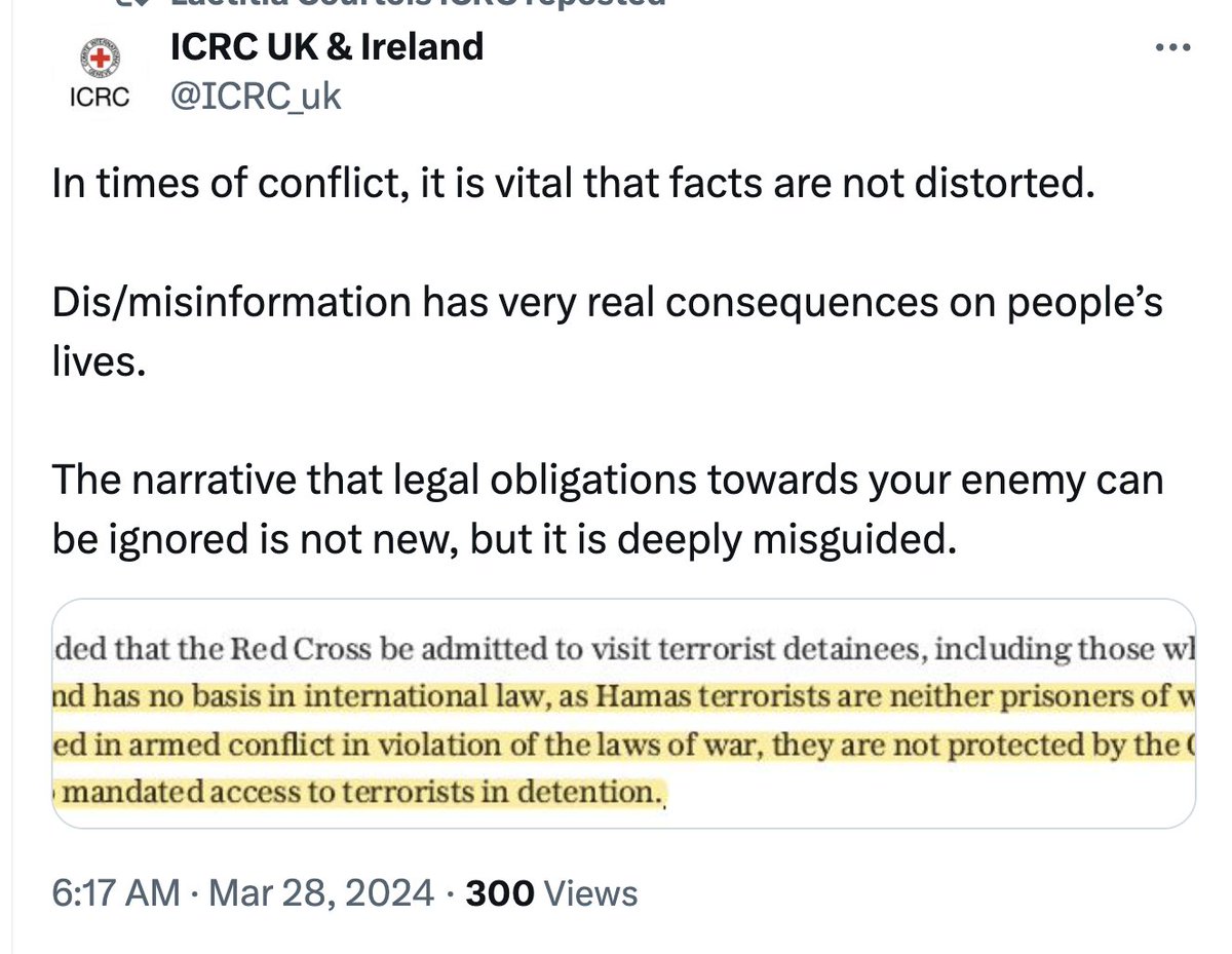 Congrats to @Telegraph for publishing an op-ed so bad the International Committee of the Red Cross felt compelled to publicly refute it. telegraph.co.uk/news/2024/03/2…