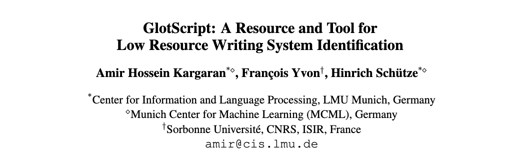 💥New paper💥

📝GlotScript has been accepted at @LrecColing! #LREC2024 #COLING2024

If you are working in multilinguality, our tool and resource will definitely help you to better study different writing systems.

🔗abs: arxiv.org/abs/2309.13320
🔗repo: github.com/cisnlp/GlotScr…
🧵