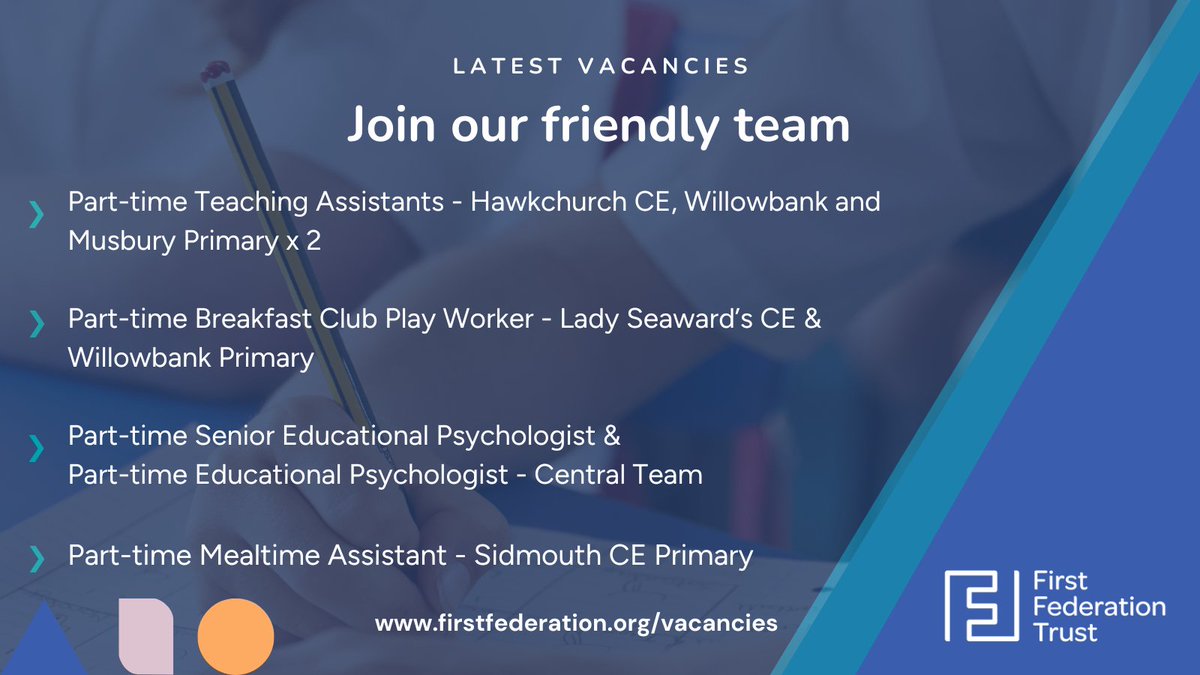 This #Easter, take some time to check out our latest job vacancies based in our central office &amp; in some of our #Devon &amp; west #Dorset primary schools - all found on <a href="/mynewterm/">MyNewTerm</a> &amp; our website: firstfederation.org/vacancies/

#job #jobs #education #educationjobs #psychologist #Easter2024