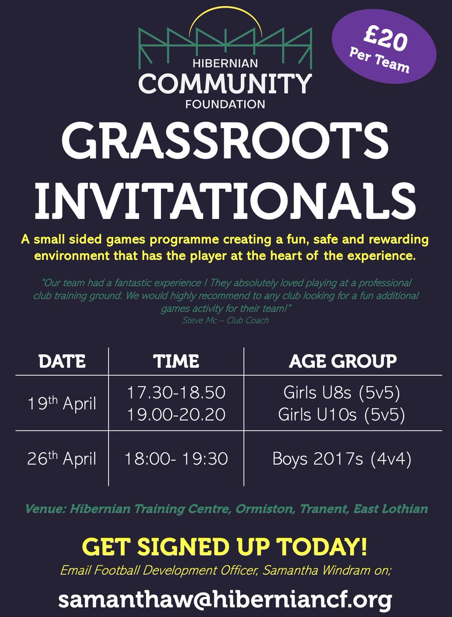 Girls' Only Grassroots Invitationals 💚⚽️ Calling all U8s &U10s Girls teams! @HibsinCommunity are running a brilliant fun filled Friday evening of football at our brilliant First Team Training Ground (HTC). Interested? Registration details are below.🙌🏼
